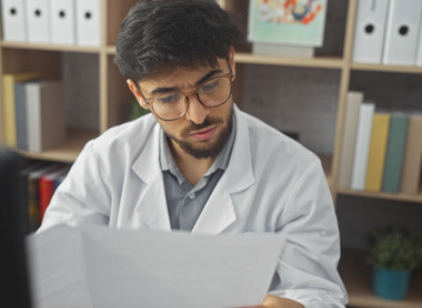 Person in a lab coat reading a document