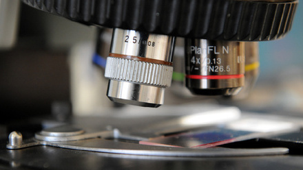 Close-up image of a microscope and a slide