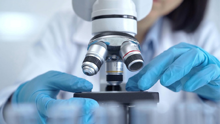 Researcher adjusting slide under microscope