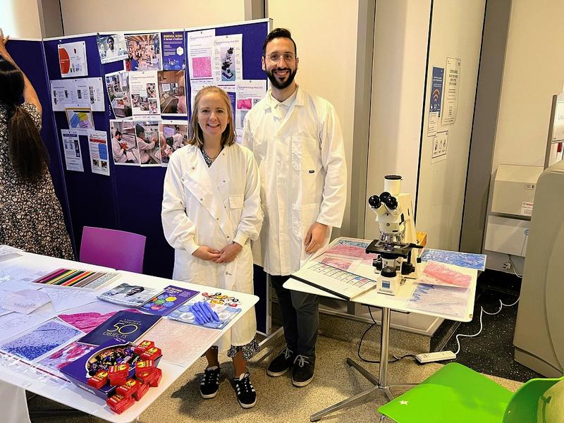 Biomedical scientists Abigail White and Lucien Bonfante at their NPW event at Great Ormond Street Hospital.