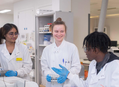 Three laboratory technicians talking in a lab