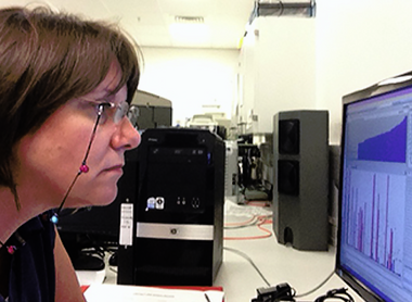 Kay Poulton looking at a computer screen