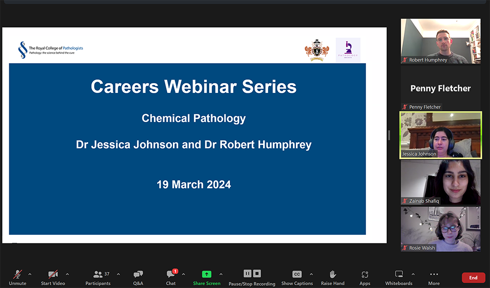 Screenshot of chemical pathology careers webinar on Zoom. 5 participants are watching a PowerPoint presentation.
