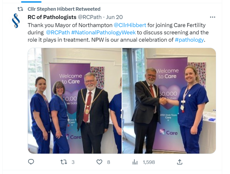 Major of Northampton and Care Fertility X post for National Pathology Week 2023