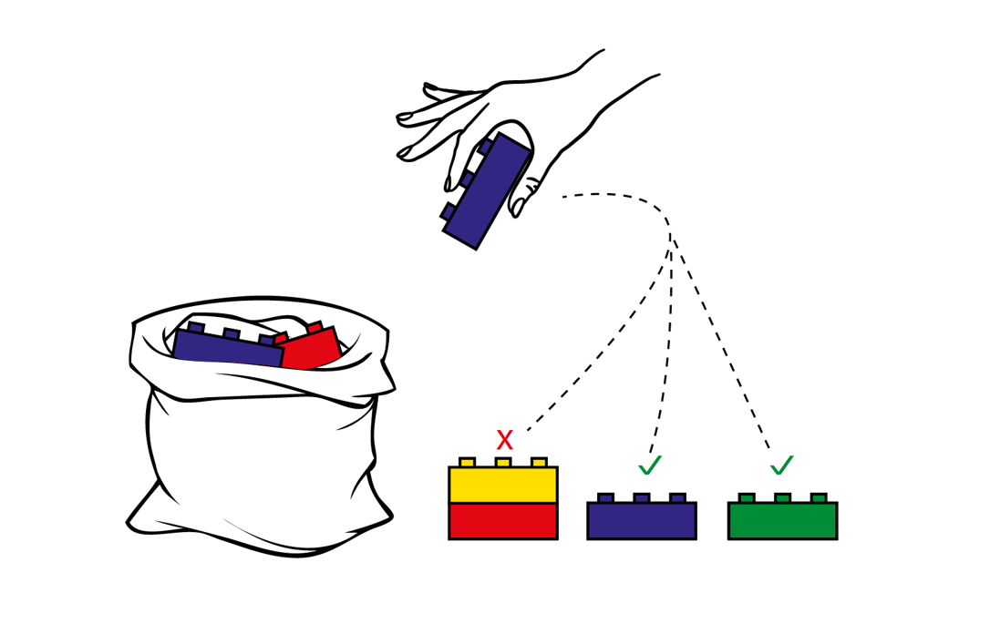 Drawn image of person stacking different coloured lego blocks from a bag of lego