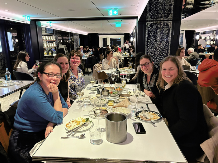 Dr Gu at a paper celebratory dinner with Prof Fiona Powrie, Dr Emily Thornton, Prof Sarah Teichmann and Dr Raquel Bartolome-Casado