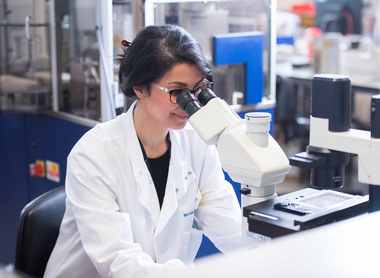 Scientist looking down a microscope in a microbiology laboratory