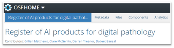 Screenshot of the Register of AI products for digital pathology