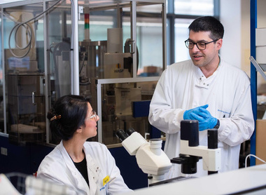 Two people in a microbiology lab talking