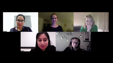 Screenshot of careers webinar Zoom with 5 smiling attendees.