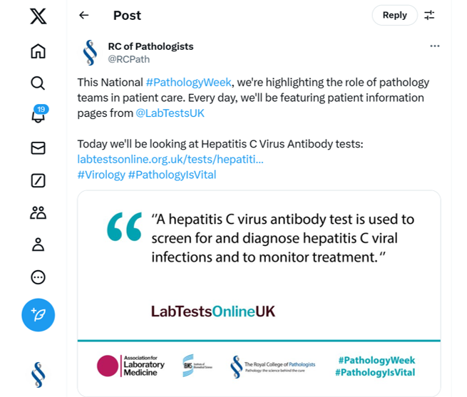 Screenshot of a LabTestOnlineUK post on X to celebrate National Pathology Week in 2024