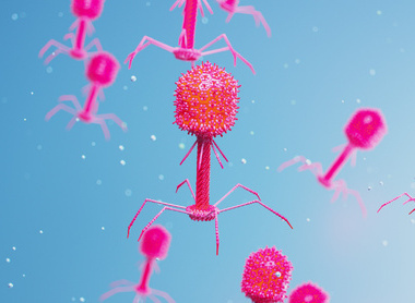 3D digital illustration shows several stylized pink microorganisms